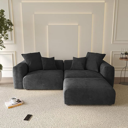 WJShome Cloud Couch Modular Sectional Sofa,102inch L Shaped Sofa with Ottoman,Black 3 Seater Corduroy Couch,Convertible Sectional Sofa for Living Room,Cushion Covers Removable& Washable