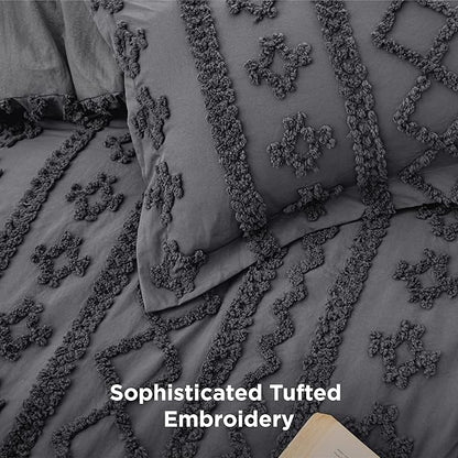 Bedsure Tufted Boho Comforter Set California King Size - Dark Grey Boho Bed Set, GentleSoft™ 3 Pieces Farmhouse Shabby Chic Embroidery Bedding, Gifts for Woman, Soft Jacquard Comforter for All Seasons