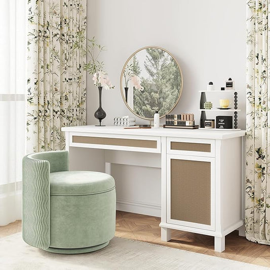 360° Swivel Accent Chair with Storage, Vanity Stool with Back, Velvet Storage Ottoman, Upholstered Round Barrel Vanity Chair for Living Room, Makeup Room, Bedroom (Green)