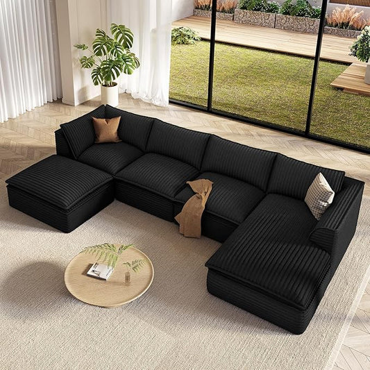 Vesgantti 141.7" U Shaped Sectional Boneless Couch, Modern 6 Seater Modular Sofa with Chaise & Ottoman, Deep Seat Plush Corduroy Cloud Couches for Living Room, No Assembly Required, Black