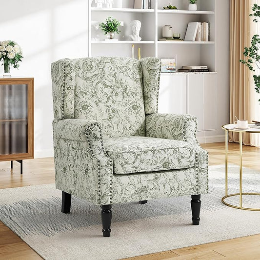 Pia Ricco High Back Floral Accent Chair - Retro Wingback Upholstered Armchair with Nailhead Trim, Solid Wood Legs, Fabric Living Room Bedroom Reading Chair (Plants Green)