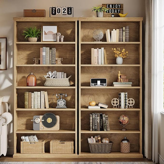 Tribesigns 6-Tier Bookshelf, 71 Inches Tall Freestanding Bookcase, Large Industrial Bookshelves Display Shelves, Wooden Book Shelf for Home Office, Living Room, Bed Room, Natural, 2pcs