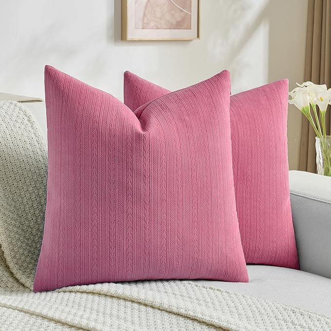 FUTEI Hot Pink Decorative Throw Pillow Covers 26x26 Inch Set of 2,Soft Cozy Wheat Ear Striped Patterns Euro Pillow Shams,Modern Home Decor for Couch Bed Living Room