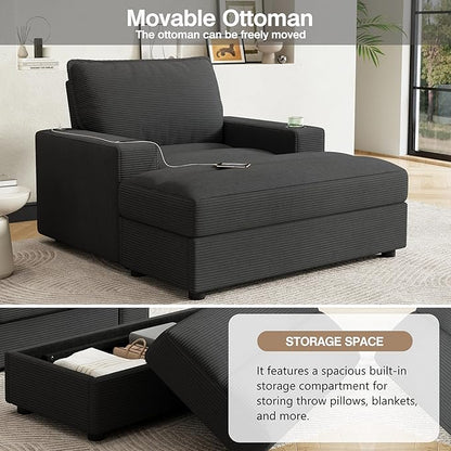Christopher Knight Home Zoe Oversized Chaise Lounge Chair Indoor with Cup Holders & USB Charging Port, Corduroy Upholstered Sofa Bed + Ottoman with Storage, Comfy Deep Seat Sleeper Sofa Chair, Grey