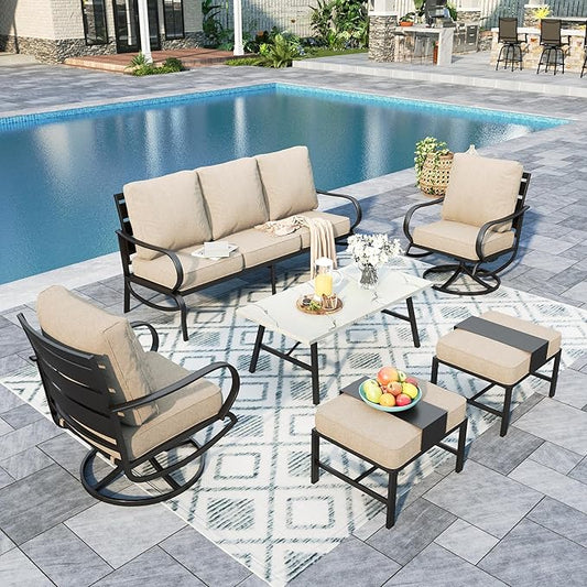 Sophia & William Patio Furniture Sets 7 Seats Outdoor Conversation Set 6 Pcs,2 x Cushioned Swivel Sofa Chairs,1 x 3-Seat Sofa,2 Ottomans, Marbling Metal Coffee Table Patio Backyard Poolside Beige