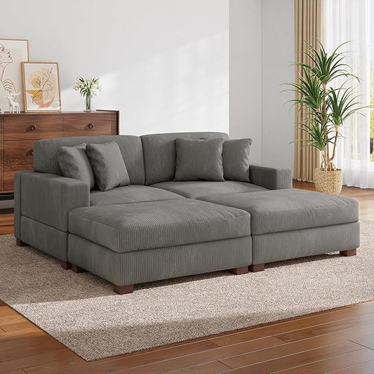 Modular Sectional Couches for Living Room, Modern Loveseat 2-Seater Sofa Couch with Ottoman, Upholstered Couches for Living Room Bedroom, Light Grey