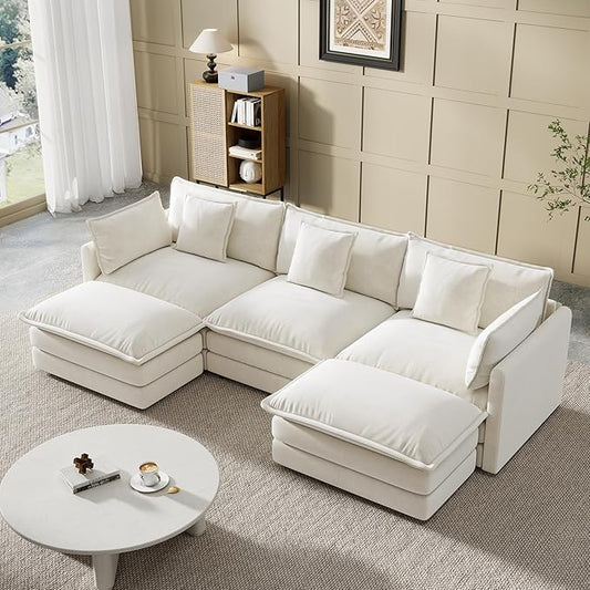 Modular Sectional Sofa, U-Shaped Cloud Sofa with Deep Seat, 111.5 Inch Chenille Sofa with Cushions, 3-Self Sectional Sofa for Living Room Apartment, White