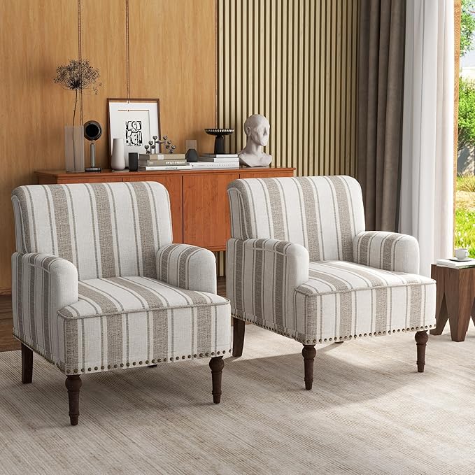 UIXE Stripe Accent Chairs Set of 2, Living Room Arm Chair Modern Nailhead Trim Club Armchair, Comfy Upholstered Sofa Lounge Seat Reading Seat Bedroom Side Seating for Home Office, Brown