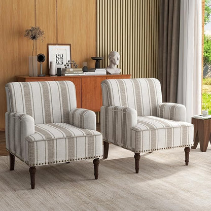UIXE Stripe Accent Chairs Set of 2, Living Room Arm Chair Modern Nailhead Trim Club Armchair, Comfy Upholstered Sofa Lounge Seat Reading Seat Bedroom Side Seating for Home Office, Brown