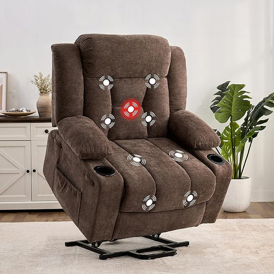 Dual Motor Power Lift Recliner Chair for Elderly, Large Electric Lift Recliner with Massage and Heat, Cup Holders, Side Pocket, Fabric(Brown)