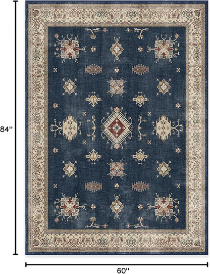 RUGGABLE Washable Vintage Area Rug – Verena Sapphire 5x7, Stain-Resistant, Non-Slip – Medium Machine Washable Rugs for Living Room, Bedroom, Hallway, Entryway & Office–with Standard Pad