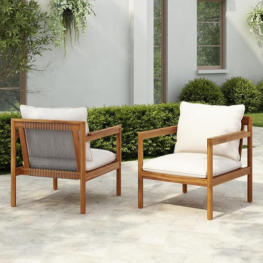 Christopher Knight Home Veera Set of 2 Acacia Wood Lounge Chair Outdoor with Rope Accent, Accent Chair with Water-Repellent Cushions, Comfy Chairs for Garden/Backyard, Patio Furniture, Teak + Cream
