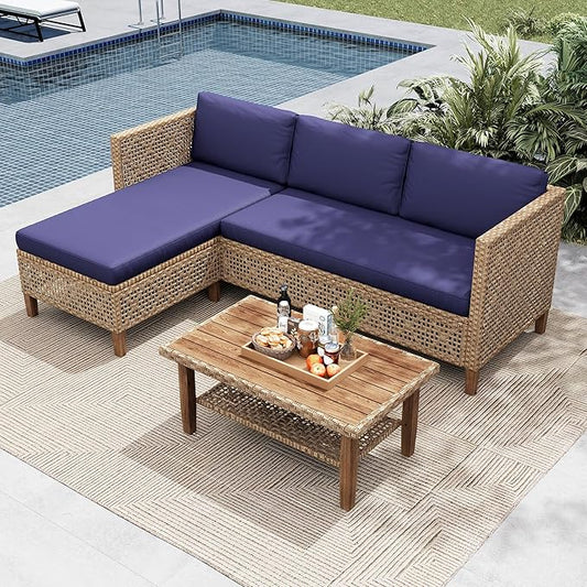MFSTUDIO Wicker Patio Furniture Set, L Shaped Outdoor Couch Set, Rattan Outdoor Sectional Sofa with Acacia Wood Coffee Table, 3 Pieces Small Patio Conversation Set for Backyard, Navy Blue