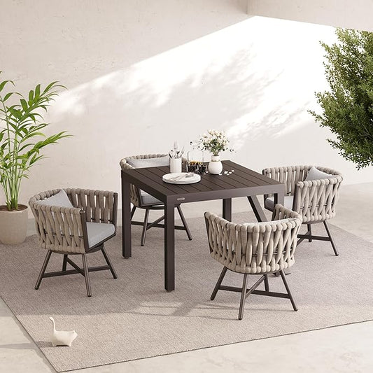 Grand patio 5-Piece Outdoor Dining Set for 4, Patio Dining Furniture Set for 4 Swivel Rope Wicker Chairs & 1 Expandable Rectangular Dining Table, Light Gray Brown