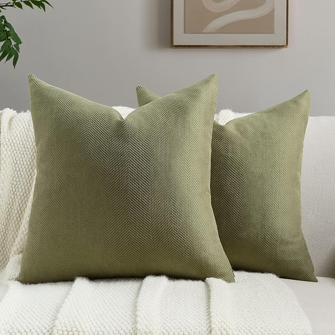 FUTEI Moss Green Chenille Throw Pillow Covers 26x26 Inch Set of 2,Soft Wide Chevron Textured Euro Pillow Shams,Farmhouse Home Decor for Couch Bed Living Room