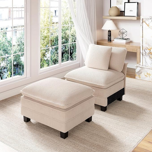 PHI VILLA Indoor Lounge Sofa Chair, One-Person Oversized Sectional Sofa with Ottoman, Single Chaise with Upholstered Deep Seat for Bedroom Reading, Corduroy Fabric, Beige
