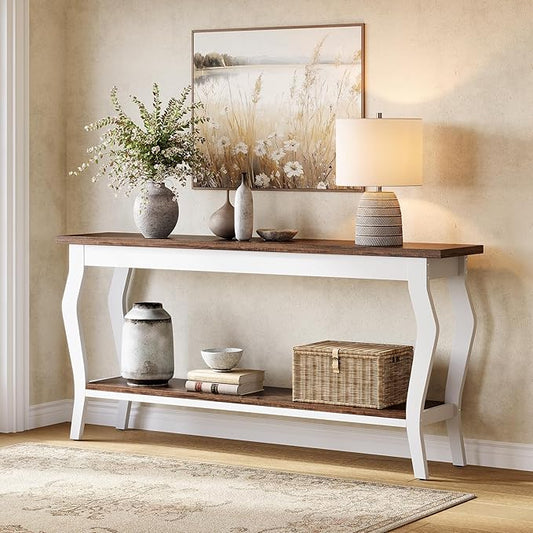 LITTLE TREE 70.9 Inches Long Console Table, 2-Tier Vintage Wooden Sofa Table Behind The Couch with Metal Legs for Hallway, Entryway, Living Room, Brown & White