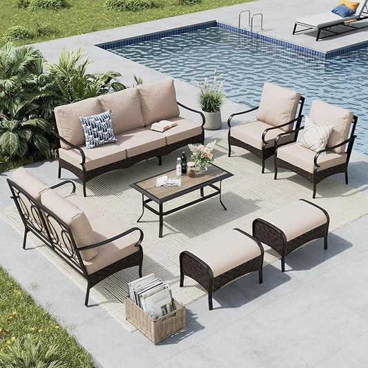 MFSTUDIO 7 PCS Outdoor Patio Furniture Set, Metal Outdoor Conversation Set, Rattan Wicker Patio Sectional with 2 x Fixed Single Sofa, 2 and 3-Seat Sofa, 2 x Ottoman, 1 x Coffee Table, Beige