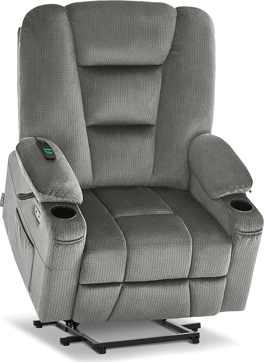 MCombo Oversized Power Lift Recliner Chair with Massage and Heat for Big and Tall Elderly People, Cup Holders, USB Ports, Side Pockets, Fabric R7541 (Grey, Large-Oversize)