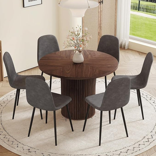 Round Dining Table Set for 6 with Storage, 42" Round Dining Table with 6 Fabric Chairs, 7 Piece Kitchen Table Chairs Set of 6 with Thick Wood Top, Roman Column Pedestal, Space-Saving