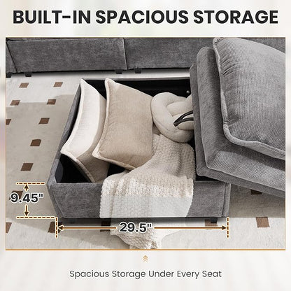 100" L Shaped Modular Sectional Sofa, Couch with Ottoman Storage, Chenille Cloud Couch with Plush Deep Seating for Living Room, Bedroom (Light Grey, 4 Seat)