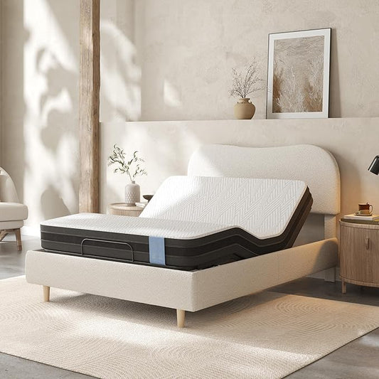 FLEXISPOT Queen All-in-One Adjustable Bed with 8" Cooling Gel Memory Foam Mattress, Boucle Bed Frame, Head & Foot Incline, Adjustable Headboard, Thick Padding, 10-Year Warranty, White