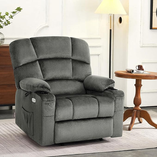 MCombo Oversized Dual Motor Power Lift Recliner Chair Sofa with Massage and Heat for Big Elderly People, Infinite Position, USB Ports, Fabric R7677 (Grey, Medium-Oversize)