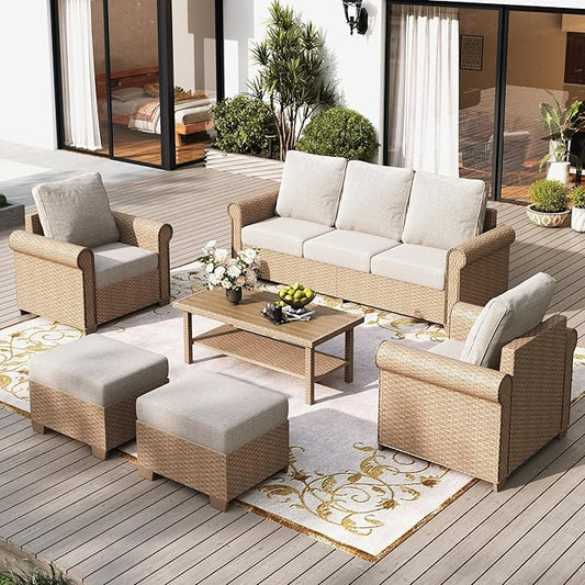 Patio Furniture Set 6 pcs, Wicker Rattan Sofa with 5.5” Thick Waterproof Cushions, 2 Chairs, 2 Ottomans and Coffee Table, All Weather Outdoor Conversation Set for Backyard Deck, 7 Seats Beige
