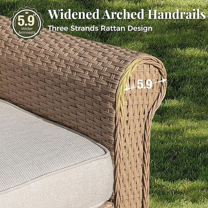 Patio Furniture Set 6 pcs, Wicker Outdoor Patio Furniture, 3-Seat Sofa, 4 Single Chairs and 56" Gas Fire Pit Table, Rattan Patio Conversation Set for Backyard Deck, Beige