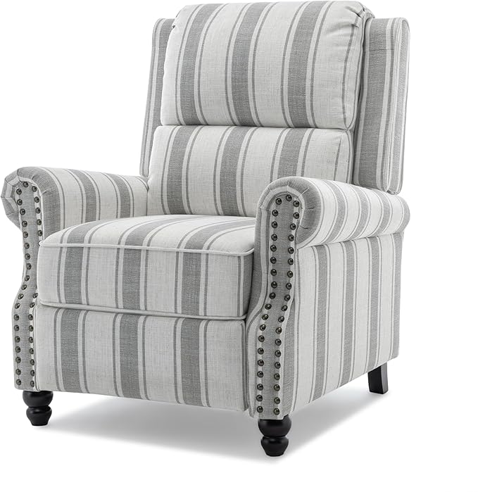 Pushback Recliner Chair, Comfy Fabric Wingback Recliner Chair, Upholstered Armchair Push Back Recliner with Wood Legs, Rivet Trim Single Sofa Accent Chair for Living Room, Bedroom, Gray Stripe