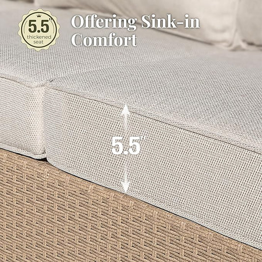 Patio Furniture Set 6 pcs, Wicker Outdoor Patio Furniture, 3-Seat Sofa, 2 Single Chairs, 2 Ottomans and Coffee Table, Rattan Patio Conversation Set for Backyard Deck, Beige