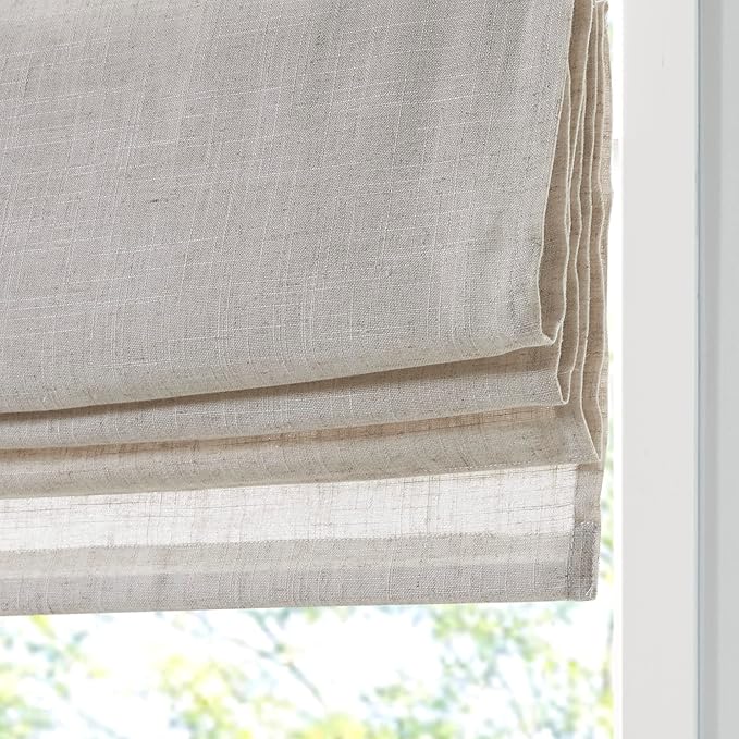 Madison Park Kyler Cordless Roman Shades - Single Panel, Lightweight Linen Blend Fabric, Natural Design, Easy Installation, Light Filtering Window Blind, Bedroom, Living Room Decor 31"W x 64"H Natural