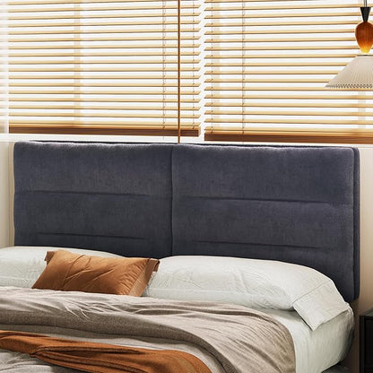 King Size Velvet Headboard Foldable Panels Backboard, Upholstered California King Head Board for Bedroom Adjustable Height from 42" to 56"-Grey
