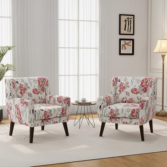 Accent Chairs, Modern Linen Blend Arm Chair for Living Room, Bedroom, Comfy High-Resilient Sponge Reading Chair for Small Spaces (Pattern Pink Floral, Set of 2)