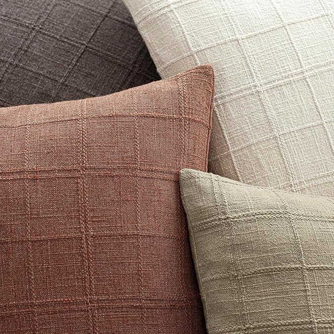 Foindtower Set of 2 Decorative Linen Check Throw Pillow Covers Neutral Farmhouse Vintage Cushion Covers Modern Boho Home Decor for Sofa Chair Couch Bedroom Living Room,26×26 Inch,Autumnal Red