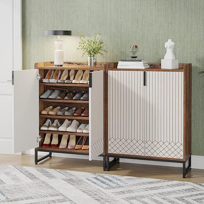 Tribesigns Modern Shoe Cabinet for Entryway, 25 Pairs Shoe Cabinet with Doors, Wood 5-Tier Shoe Organizer, Freestanding Brown Shoe Storage Cabinets with Black Metal Frame for Bedroom Living Room