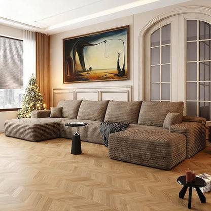 135.4" Large Cloud Modular Sectional Couch with Ottoman, Minimalist Upholstered Couches, Comfort U Shaped Sofa for Living Room,Deep Seat Corner Couch，No Assembly Required (Camel,Left Facing Chaise)