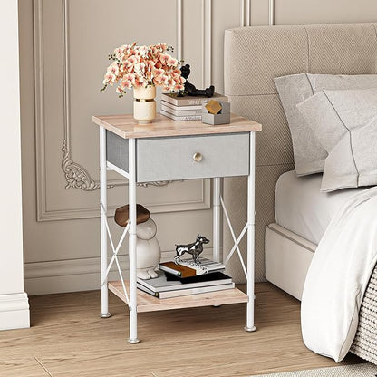 VECELO End Tables, Modern Nightstand with Fabric Drawer & Open Shelf, Night Stand for Bedroom Living Room, Industrial Metal Frame, Easy Assembly, Light Brown,1 Pack