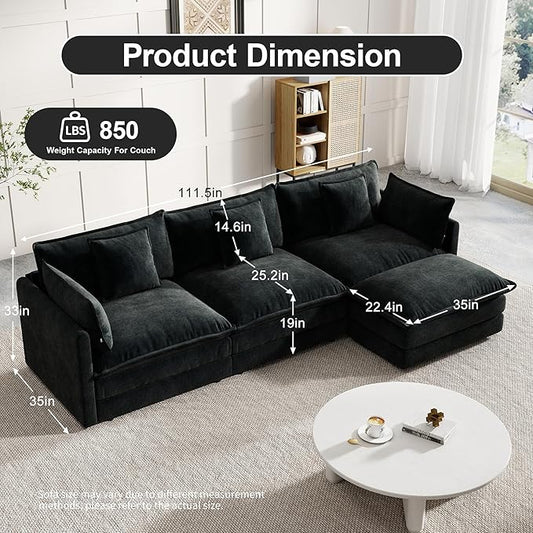Modular Sectional Sofa, 111.5 Inch L-Shaped Cloud Sofa with Deep Seat Chenille Sofa with Cushions, Three-Self Sectional Sofa for Living Room Apartment,Black