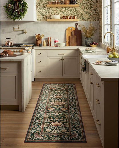 RUGGABLE x Morris & Co Machine Washable Area Rug– Lodden Soft Evergreen & Gold 6 ft Round, Stain-Resistant, Non-Slip–Medium Rug for Living Room, Bedroom, Hallway, Entryway & Office–with Cushioned Pad
