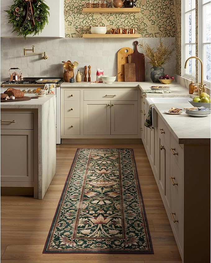 RUGGABLE x Morris & Co Machine Washable Area Rug – Lodden Soft Evergreen & Gold 8x10, Stain-Resistant, Non-Slip – Large Rugs for Living Room, Bedroom, Hallway, Entryway & Office–with Cushioned Pad