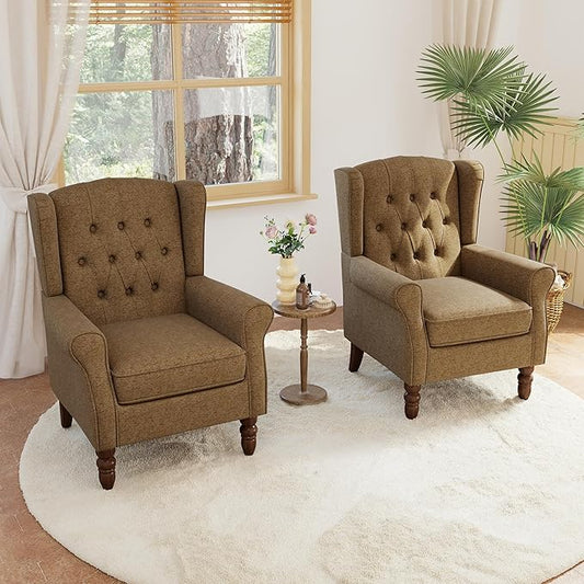 Lumibee High Back Accent Chair Set of 2,Upholstered Wingback Armchair with Solid Wood Legs for Small Spaces,Comfy Single Sofa Chair for Living Room,Bedroom,Office-Brown