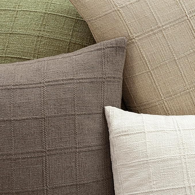 Foindtower Set of 2 Decorative Linen Check Throw Pillow Covers Neutral Farmhouse Vintage Cushion Covers Modern Boho Home Decor for Sofa Chair Couch Bedroom Living Room,20×20 Inch,Taupe Grey