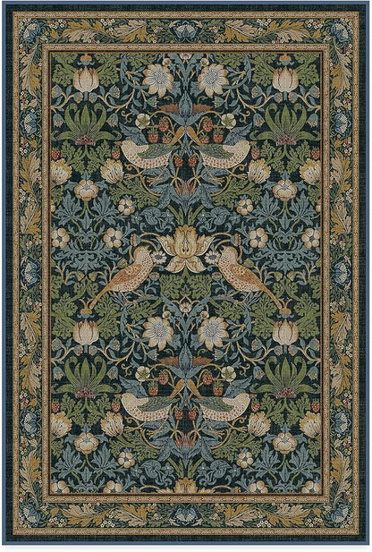 RUGGABLE x Morris & Co Washable Area Rug – Strawberry Thief Indigo 4x6, Stain-Resistant, Non-Slip – Medium Machine Washable Rugs for Living Room, Bedroom, Hallway, Entryway & Office–with Standard Pad