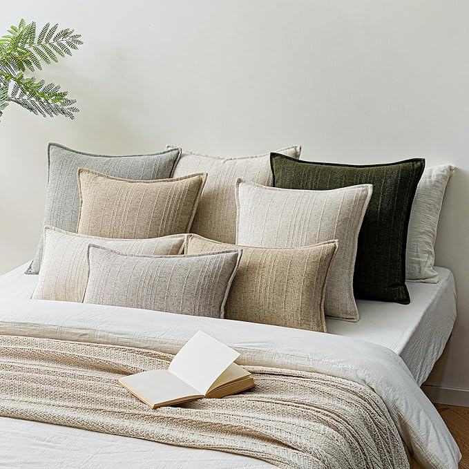 a moment Linen Pillow Covers Set of 2,Boho Farmhouse Throw Pillowcases Neutral Textured Decorative Covers for Couch Sofa Bed, Soft Linen Blend Accent Case Cushion Home Decor 20"x12"Light Grey