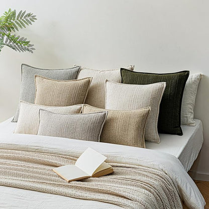 a moment Linen Pillow Covers Set of 2,Boho Farmhouse Throw Pillowcases Neutral Textured Decorative Covers for Couch Sofa Bed, Soft Linen Blend Accent Case Cushion Home Decor 20"x20"Light Grey