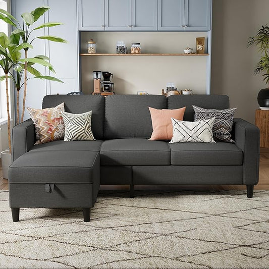 Sectional Sofa and Couches for Living Room, 78'' Dark Grey 3 Seat L-Shaped Couch with Movable Ottoman, Comfy Linen Convertible Sectionals Sofas with Chaise for Apartment, Office, Small Space
