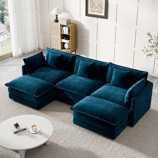 Modular Sectional Sofa, 111.5 Inch U-Shaped Cloud Sofa with Deep Seat Chenille Sofa with Cushions, Three-Self Sectional Sofa for Living Room Apartment,Blue