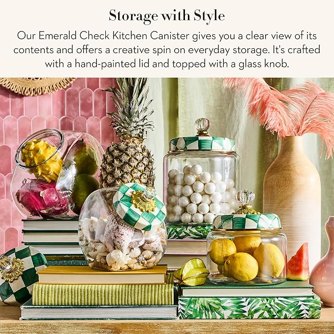 MACKENZIE-CHILDS Large Kitchen Canister, Decorative Glass Storage Jar with Lid, Green-and-White Emerald Check