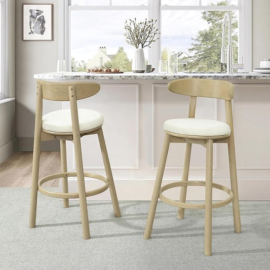 Christopher Knight Home Soley Modern Counter Height Bar Stools Set of 2, Boucle Fabric Round Stool Chair for Kitchen Island, Upholstered Counter Stool with Footrest and Backrest, Natural Ash+Beige